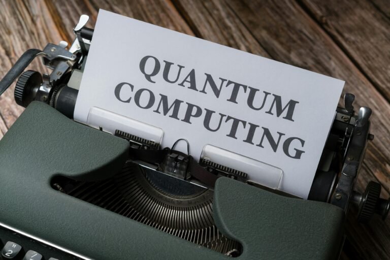 Quantum computing concept displayed on a vintage typewriter on wooden table.