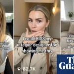 Three images of a woman covering her mouth with text expressing gratitude to her interior designer. Viewer counts shown. T...