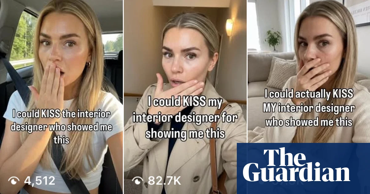 Three images of a woman covering her mouth with text expressing gratitude to her interior designer. Viewer counts shown. T...