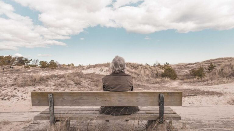 Person with gray hair sitting on a wooden bench, facing a sandy landscape with sparse vegetation under a cloudy sky.