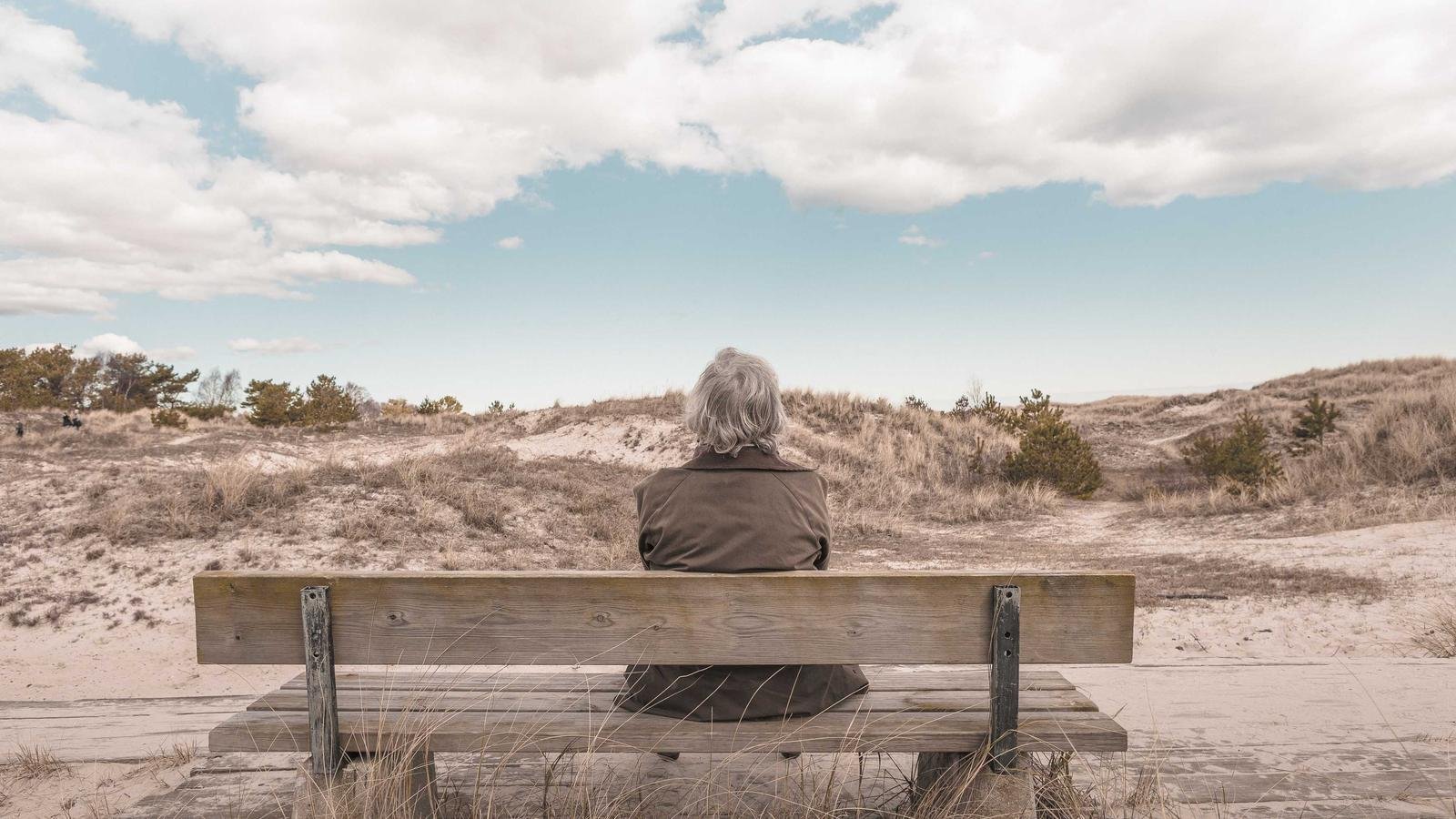 Person with gray hair sitting on a wooden bench, facing a sandy landscape with sparse vegetation under a cloudy sky.