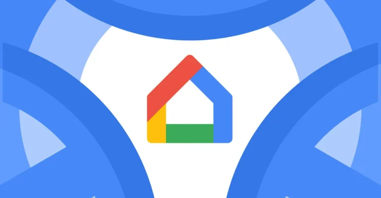 Google Home logo with a colorful house icon, set against a blue and white abstract background.