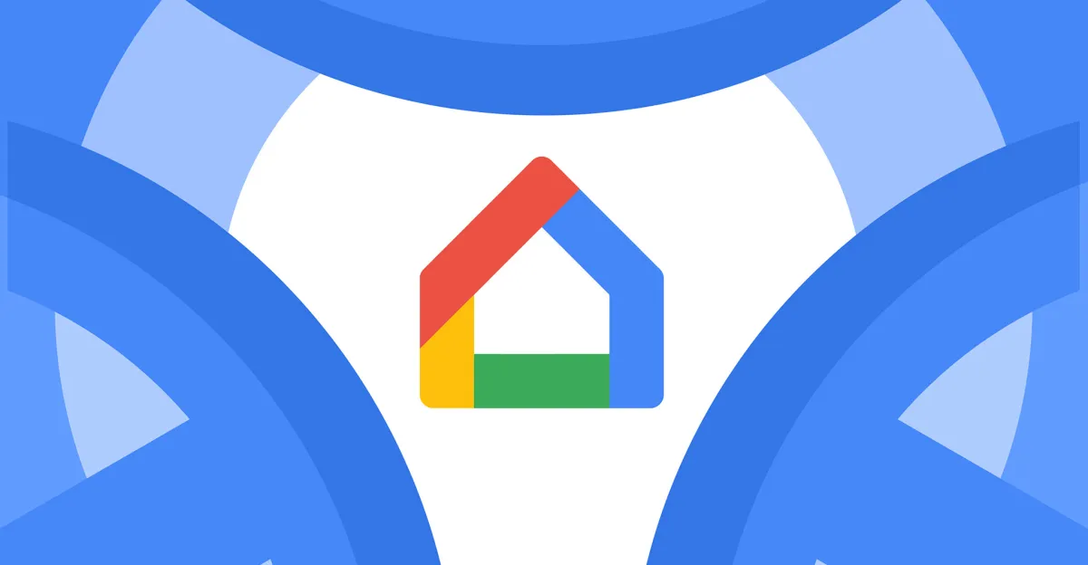 Google Home logo with a colorful house icon, set against a blue and white abstract background.