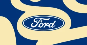 Ford logo in white on a blue oval, set against a cream and blue abstract background.