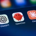 Mobile screen displaying app icons for ChatGPT, OpenClaw, and Claude on a blue gradient background.