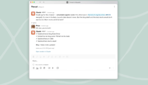 Slack thread featuring messages from an AI agent and a user discussing blog updates and beta invites with task completion...