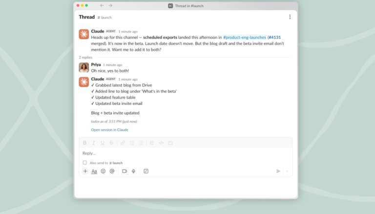 Slack thread featuring messages from an AI agent and a user discussing blog updates and beta invites with task completion...