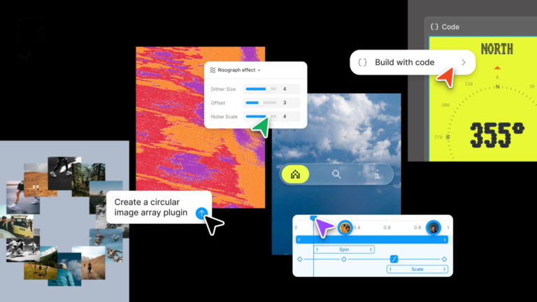 Colorful digital interface with design tools, sliders, compass, and image array; text includes "Build with code" and "Crea...