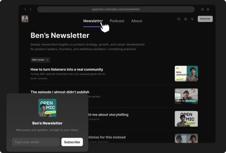 Webpage for Ben's Newsletter with episodes list, subscription pop-up, and navigation menu.