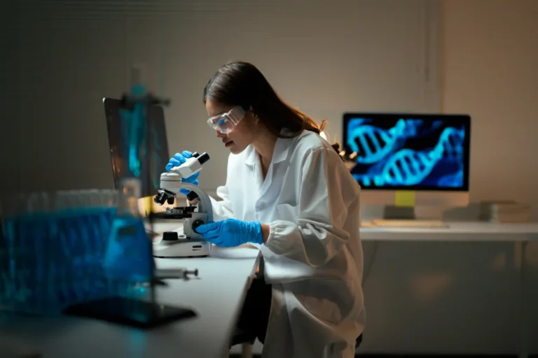 Scientist in lab coat using a microscope, computer screen in background displaying DNA helix, lab equipment on desk.