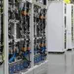 Rows of server racks in a data center with cables and cooling systems visible, concrete floor and industrial lighting
