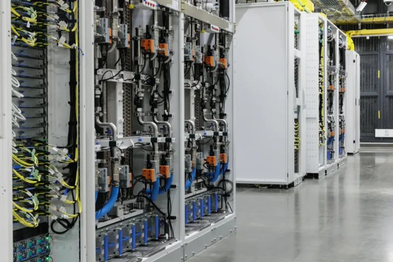 Rows of server racks in a data center with cables and cooling systems visible, concrete floor and industrial lighting