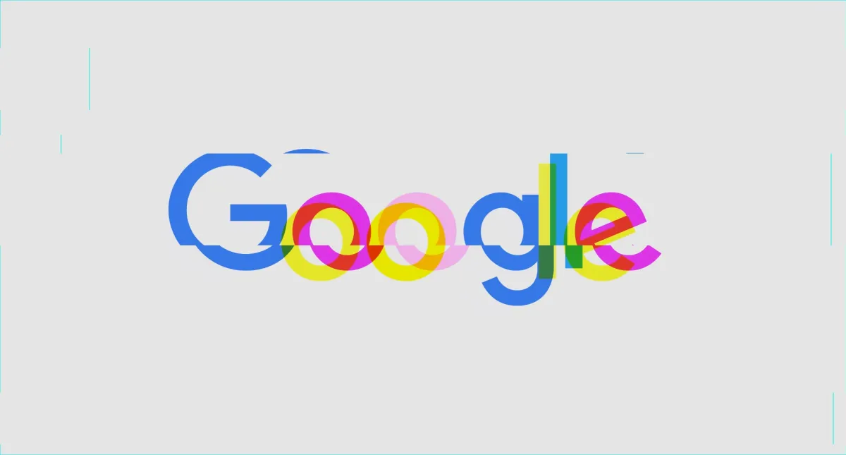 The Google logo with overlapping colors, creating a glitch effect on a light gray background.