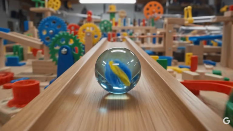 A glass marble with blue and yellow inside rolls down a wooden track surrounded by colorful gears and blocks.