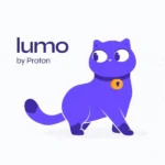 Purple cartoon cat with a lock pendant on its collar, looking to the side. Text reads "lumo by Proton" on a white background.