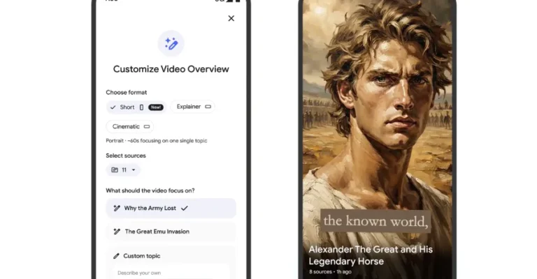 Two smartphone screens display video customization options and a video about Alexander the Great, featuring a historical a...