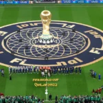 FIFA World Cup 2022 final ceremony, large trophy centerpiece, teams lined up, banners reading "Football Unites the World".