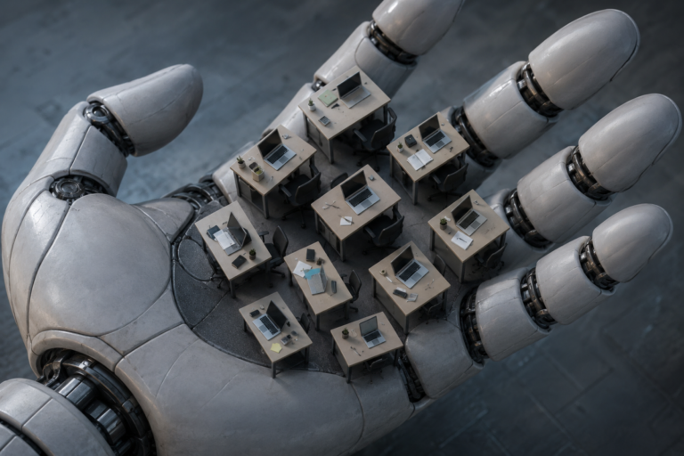 Robotic hand holding miniature office desks with laptops and chairs