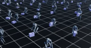 Numerous humanoid robots on a grid carrying purple boxes, demonstrating synchronized movement.