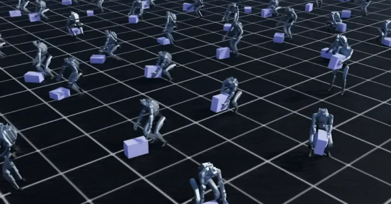 Numerous humanoid robots on a grid carrying purple boxes, demonstrating synchronized movement.