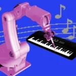 Pink robotic arm playing a keyboard on a blue background with musical notes.