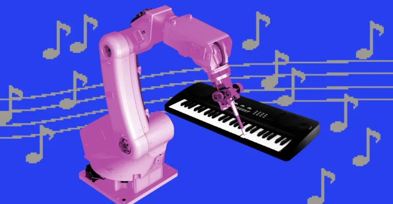 Pink robotic arm playing a keyboard on a blue background with musical notes.