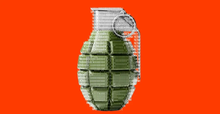 Green grenade overlaid with white computer code on an orange background.