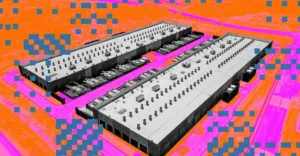 Two large, rectangular industrial buildings with visible rooftop units, surrounded by an orange and pink digital pattern.
