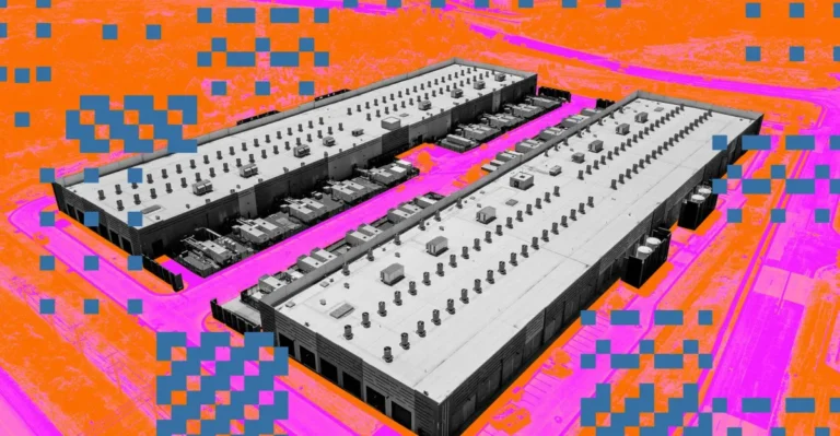 Two large, rectangular industrial buildings with visible rooftop units, surrounded by an orange and pink digital pattern.
