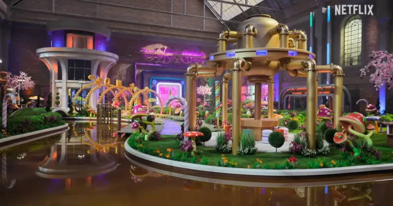 Colorful, whimsical factory setting with candy-like structures, vibrant plants, and a chocolate river, Netflix logo in cor...