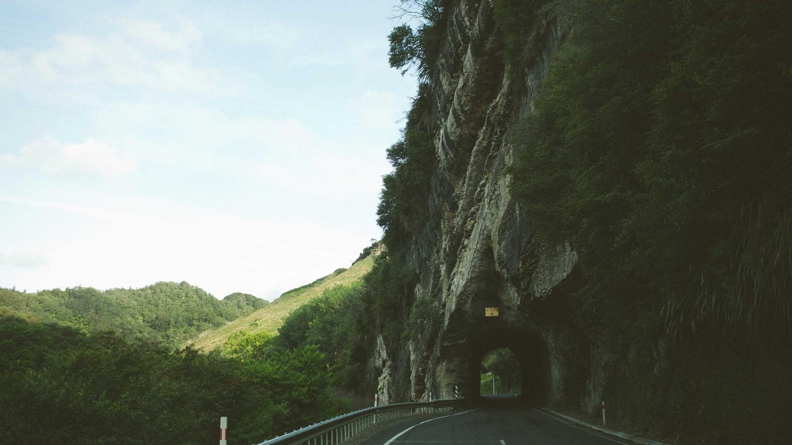 Road passing through a tunnel carved into a rocky hillside, surrounded by lush greenery under a clear sky.