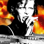 Black and white figure singing with a microphone, explosive fiery background, abstract geometric shapes in foreground.