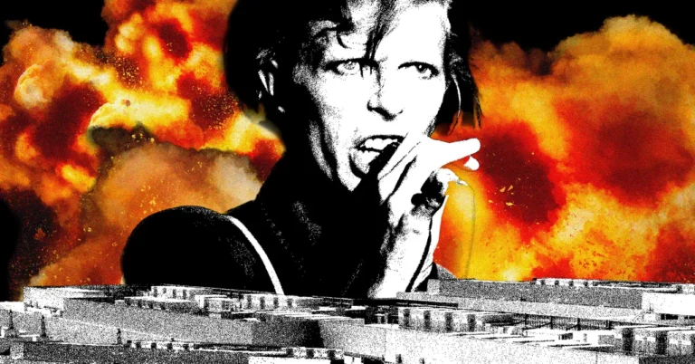Black and white figure singing with a microphone, explosive fiery background, abstract geometric shapes in foreground.