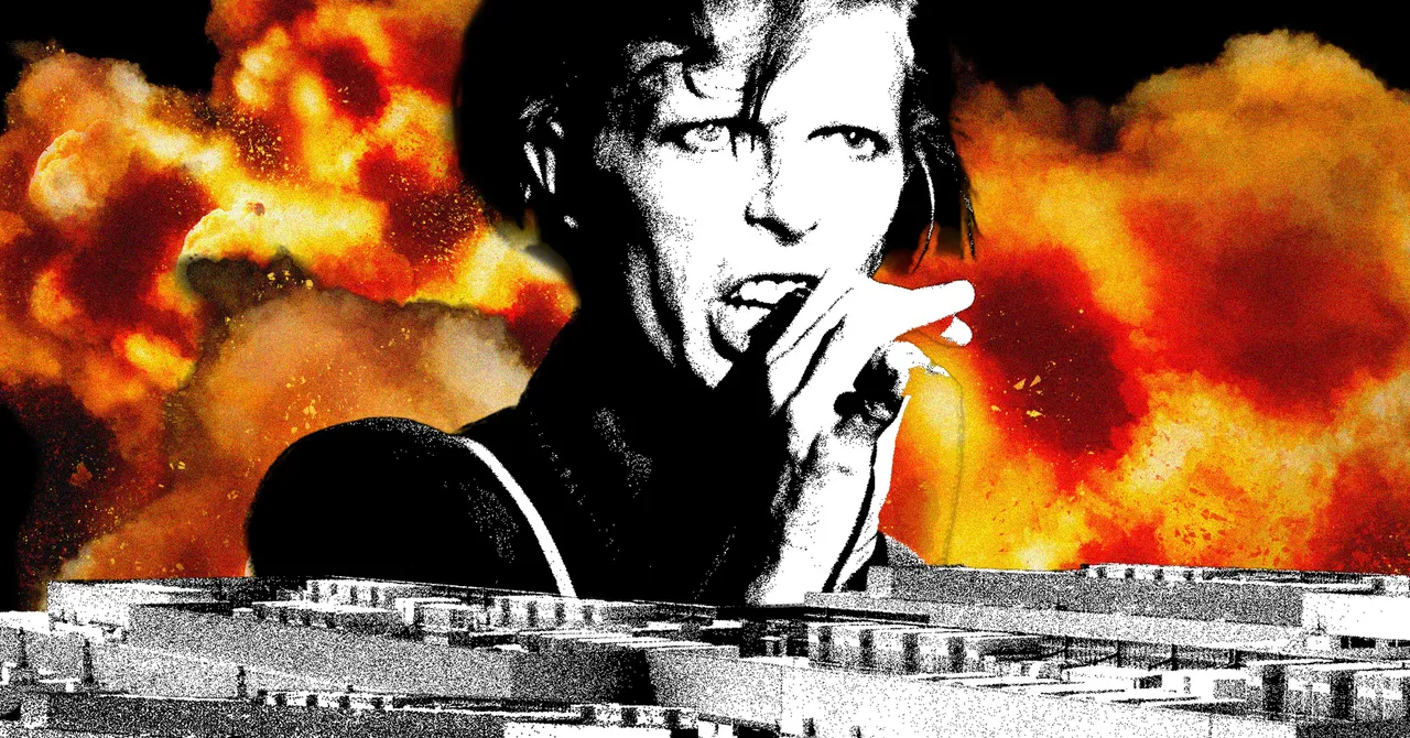 Black and white figure singing with a microphone, explosive fiery background, abstract geometric shapes in foreground.