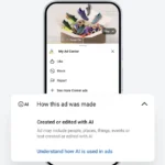 Smartphone displaying an ad with AI disclosure label, showing colorful sneakers and My Ad Center options; AI usage text be...