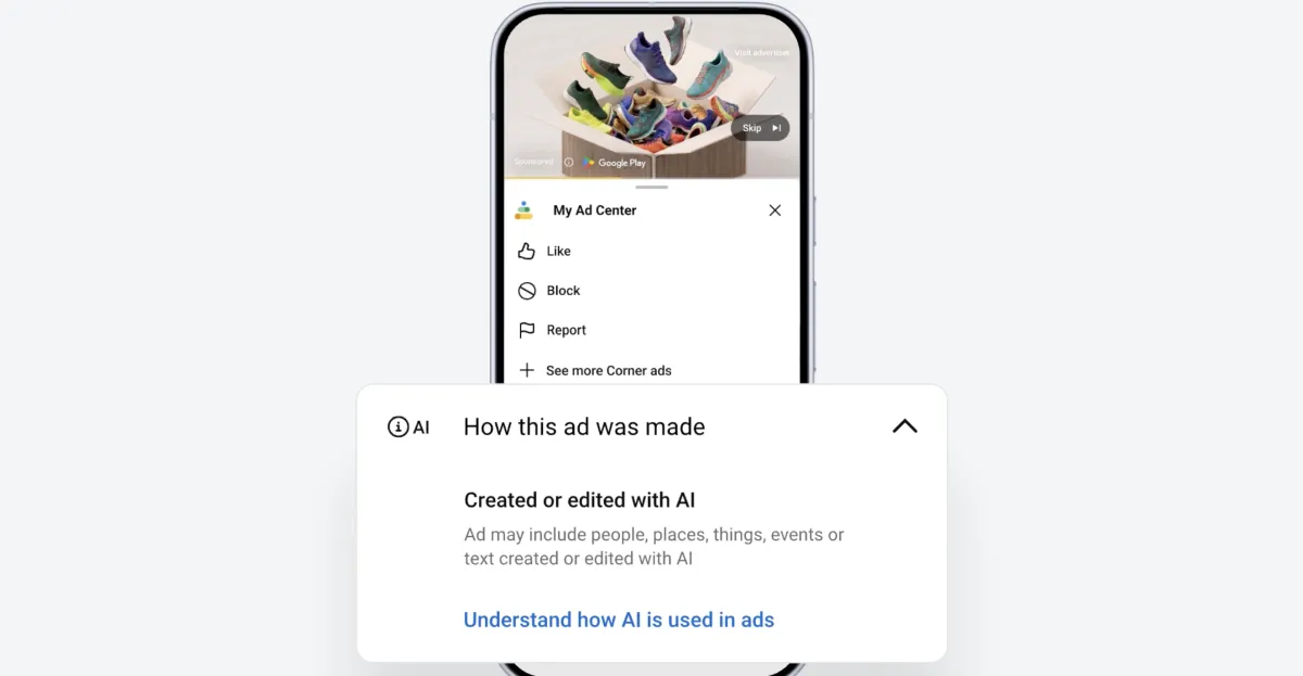 Smartphone displaying an ad with AI disclosure label, showing colorful sneakers and My Ad Center options; AI usage text be...