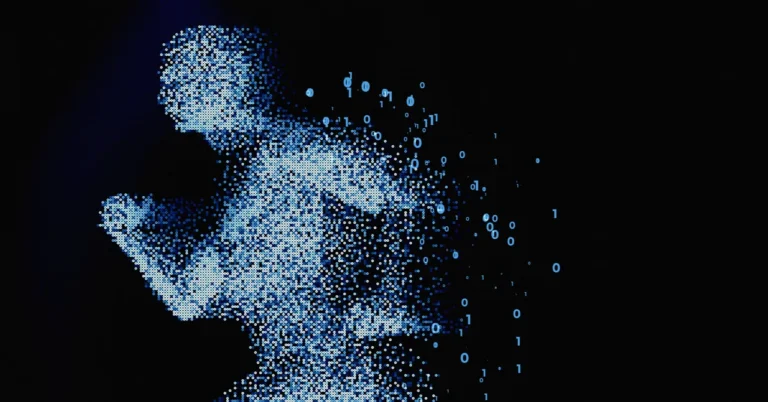 Digital silhouette of a person composed of blue binary code on a black background.