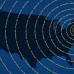 Silhouette of the USA with concentric circles of "$100 billion" text radiating from the center on a blue background.