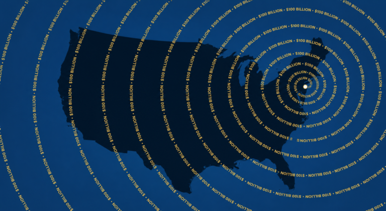 Silhouette of the USA with concentric circles of "$100 billion" text radiating from the center on a blue background.