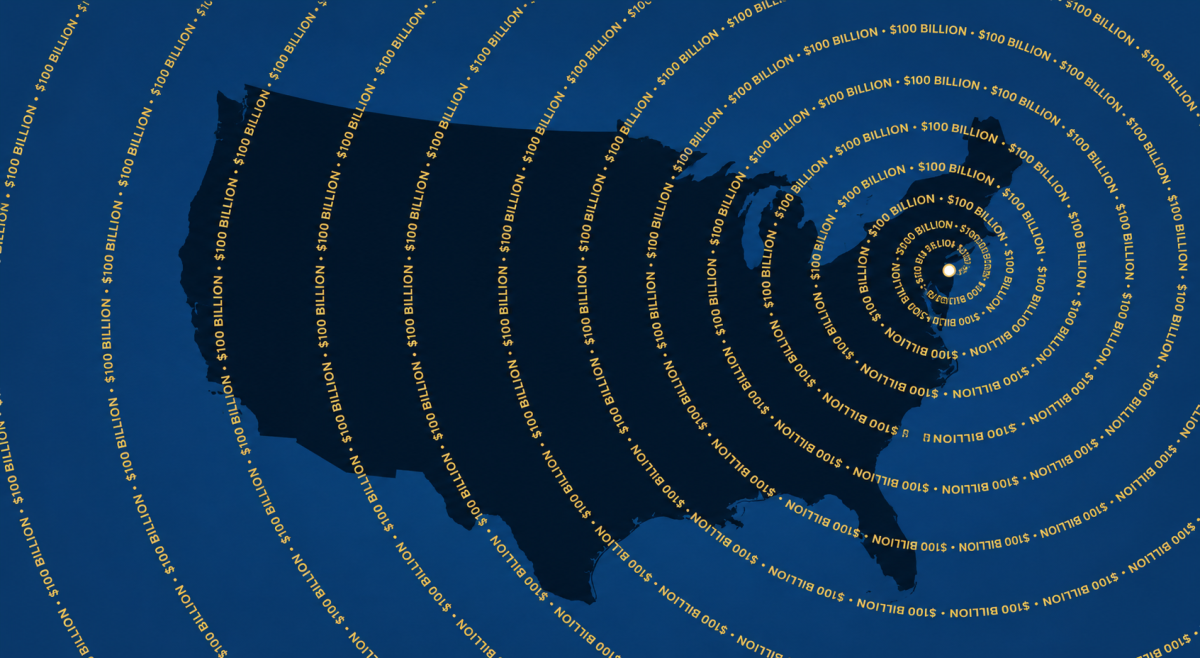 Silhouette of the USA with concentric circles of "$100 billion" text radiating from the center on a blue background.