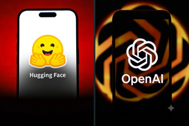 Smartphones displaying Hugging Face and OpenAI logos against a colorful background.