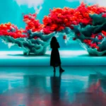Silhouette of a person stands before vibrant, abstract digital art with red and teal organic shapes on a reflective floor.