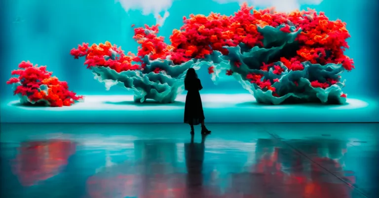 Silhouette of a person stands before vibrant, abstract digital art with red and teal organic shapes on a reflective floor.