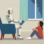 Robot seated in a chair reading to a child sitting on the floor, with a window and curtains in the background.
