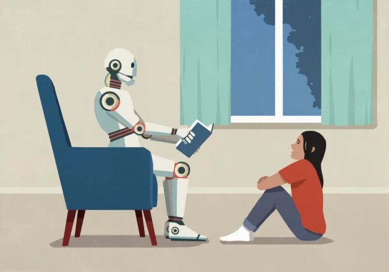 Robot seated in a chair reading to a child sitting on the floor, with a window and curtains in the background.