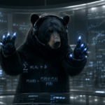 Bear wearing headphones interacts with holographic screens displaying mathematical equations and graphs in a futuristic se...