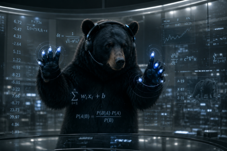 Bear wearing headphones interacts with holographic screens displaying mathematical equations and graphs in a futuristic se...