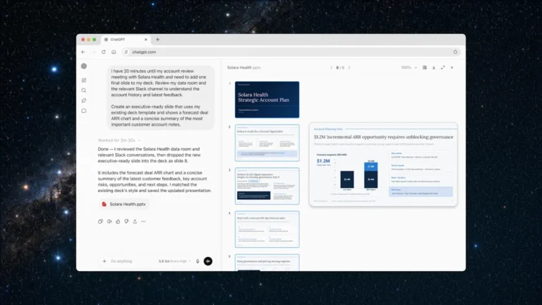 ChatGPT interface with a presentation titled "Solara Health Strategic Account Plan" and data slides on a starry background.