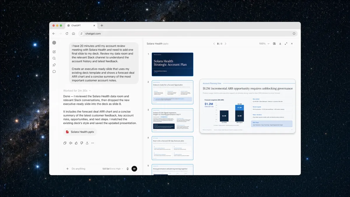 ChatGPT interface with a presentation titled "Solara Health Strategic Account Plan" and data slides on a starry background.