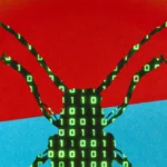 Silhouette of a bug with binary code pattern on a colorful red, blue, and yellow background.